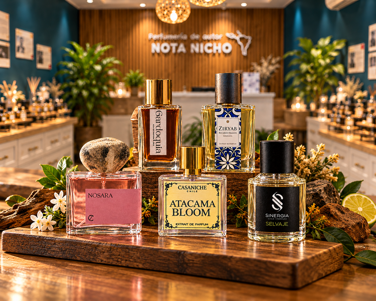 Selección de perfumes de autor latinoamericanos sobre piedra a la luz cálida: Gardoquia, Ziryab, Nosara, Atacama Bloom, Bull Collection N°5, Montezuma y Moran Niche Peach Noir, entre maracuyá, vainilla y granada