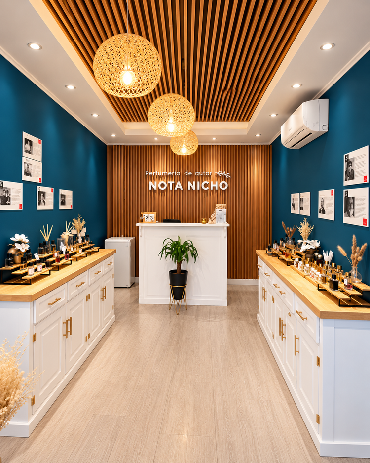 Boutique NotaNicho con muros petróleo, techo de listones de madera, lámparas de fibra y mesones blancos con perfumes