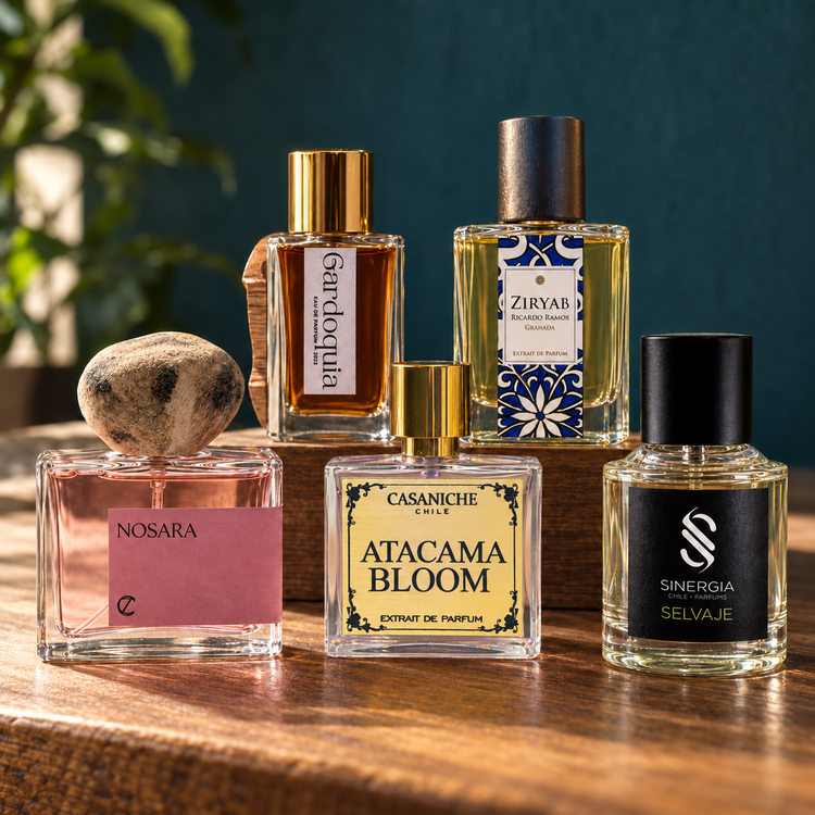 Perfumes de autor Nosara, Gardoquia, Ziryab, Atacama Bloom y Selvaje sobre madera