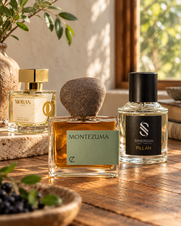 Tres perfumes de autor sobre una mesa de madera a la luz de la tarde